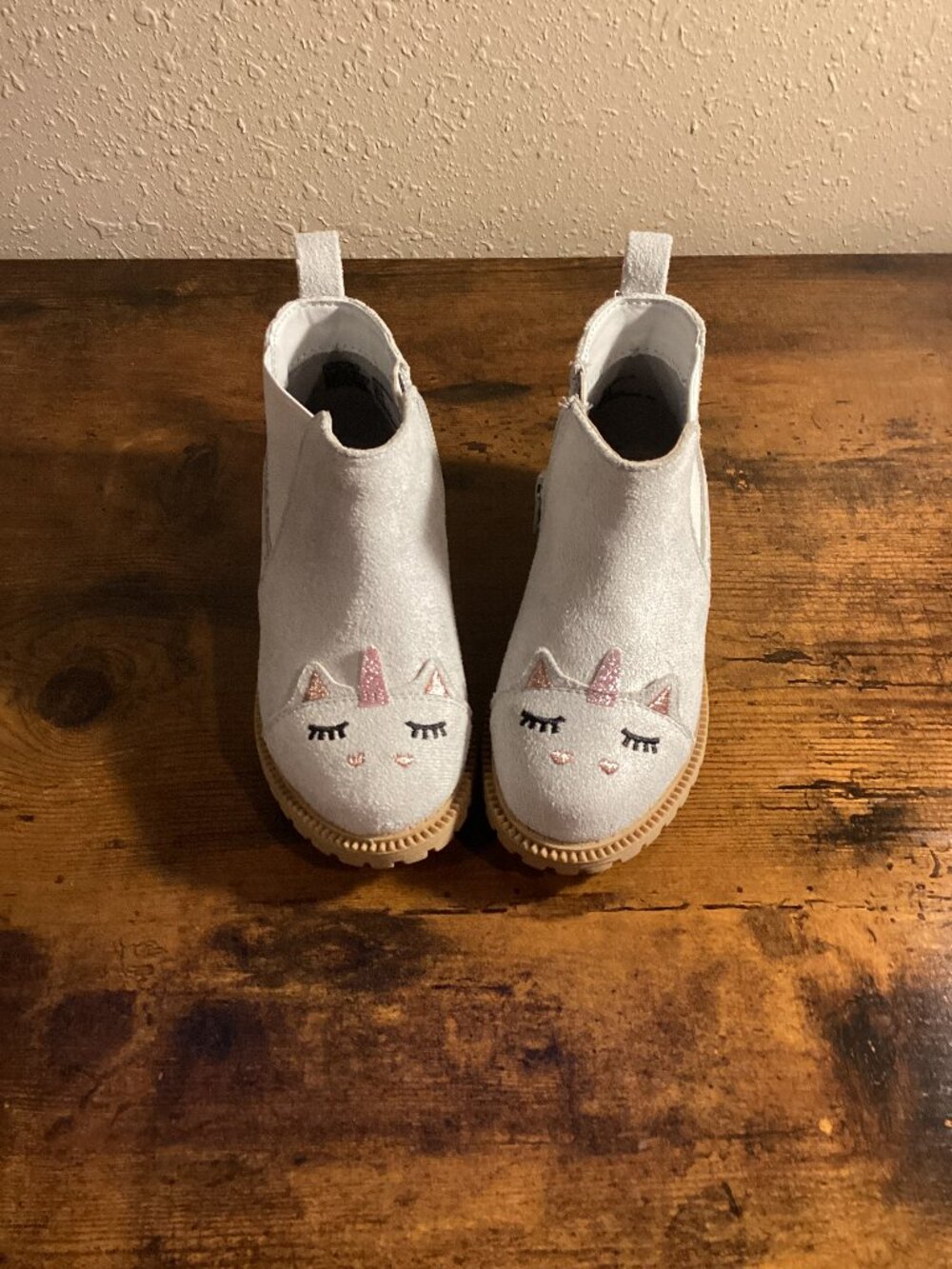 Girls White Unicorn Ankle Boots Pink Glitter Horn Side Zip